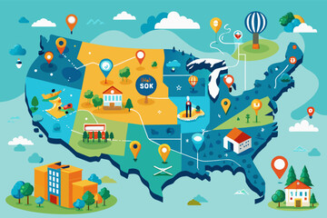 Aufkleber - a map of the united states with icons, A map of the United States displaying various icons.