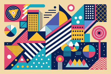 Aufkleber - a colorful poster with geometric shapes, Create a vibrant poster featuring a variety of geometric shapes.
