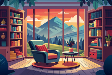 Wall Mural - a living room with a couch, chair, table and bookshelf, An inviting living space furnished with a comfortable sofa, armchair, coffee table, and bookcase.