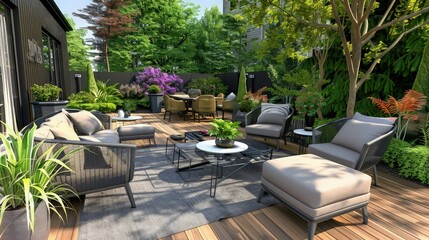 A sophisticated patio area with designer outdoor furniture set on a polished wooden deck, overlooking a meticulously landscaped garden, reflecting high standards of cleanliness and management.