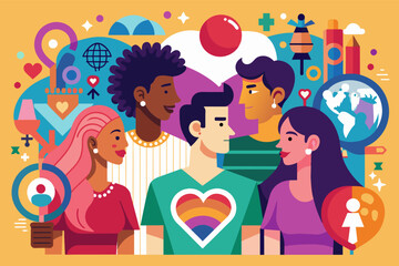 Aufkleber - a group of people surrounded by social icons, An assemblage of individuals encircled by societal symbols.