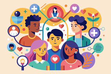 Aufkleber - a group of people surrounded by social icons, An assemblage of individuals encircled by societal symbols.