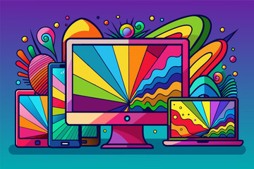 Poster - a colorful computer and tablet with a colorful background, An aesthetically pleasing computer and tablet placed against a vibrant backdrop.