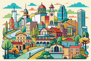 Fototapete - a city with buildings and trees in the background, The urban landscape features towering buildings and lush trees in the background.
