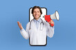 © Prostock-studio - A cheerful doctor with a stethoscope around his neck and a white coat appears to be emerging from a smartphone screen. He is holding a red and white megaphone, and the background is solid blue
