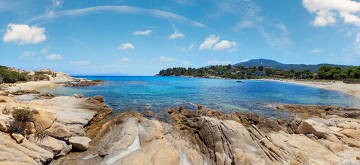 Canvas Print - Aegean sea coast panorama and Karidi or Karydi beach (Chalkidiki, Greece). People are unrecognizable.