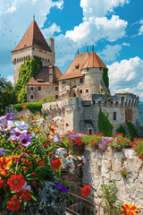 Wall Mural - Old castle and green flower garden in summer, scenery of beautiful medieval mansion on sky background. Concept of nature, travel, landscape, history, country