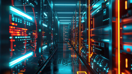 Wall Mural - Futuristic data center, computer servers in dark room with blue led light, inside modern datacenter with supercomputer. Concept of storage, cloud, network, ai technology