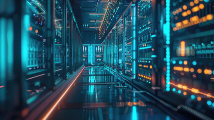 Wall Mural - Futuristic data center, modern computer servers in dark room with led blue light, inside big datacenter with supercomputer. Concept of storage, cloud, network, ai technology