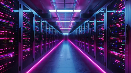 Wall Mural - Futuristic data center, computer servers in dark room with neon light, inside modern datacenter with supercomputer. Concept of storage, cloud, network, future, technology, big
