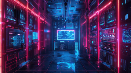 Wall Mural - Futuristic data center, computer servers in dark room with neon light, inside modern datacenter with supercomputer. Concept of storage, cloud, network, future, ai technology