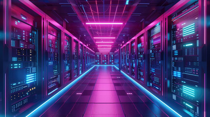 Wall Mural - Futuristic data center, modern computer servers in dark room with neon light, inside big datacenter with supercomputer. Concept of storage, cloud, network, future, ai