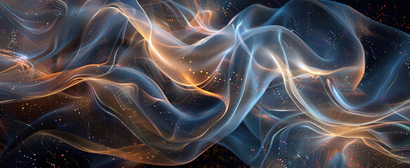 Wall Mural - data surface like light fabric or mesh, nano material abstract background, transparent cloth in dark