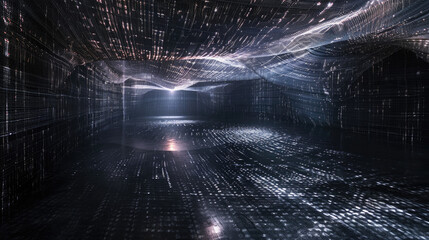 Wall Mural - futuristic digital room background, empty dark space with wireframe lines, perspective view. concept
