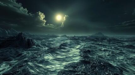 A surreal depiction of an ocean at night with fast-moving waters and stark rocky formations, under a sky where a strangely bright sun provides a mysterious source of light.