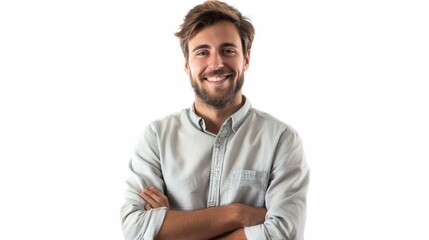 Wall Mural - Portrait of handsome smiling young man with folded arms isolated on a white background