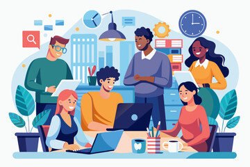 Aufkleber - a group of people working on laptops in an office, In an office setting, there is a team of individuals diligently working on laptops.