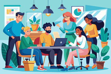 Poster - a group of people working on laptops in an office, In an office setting, there is a team of individuals diligently working on laptops.
