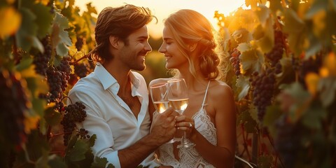 Sunset Toast: Engaged Couple in Vineyard, generative ai