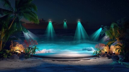 Wall Mural - a tranquil beachside stage for nighttime events, with turquoise and coral spotlights mimicking the c