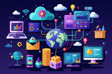 Leinwandbilder - a laptop, laptop, and other electronic devices with a globe on top, a laptop, laptop, and other electronic devices with a globe on top
