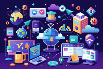 Leinwandbilder - a laptop, laptop, and other electronic devices with a globe on top, a laptop, laptop, and other electronic devices with a globe on top