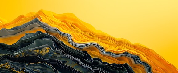 Wall Mural - Zooming into a corner of a mesmerizing abstract landscape, where layers of folded paper create an illusion of depth and texture, set against a vivid yellow background.