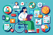 © SaroStock - a man in a wheelchair with a laptop and other medical icons, An individual using a wheelchair, accompanied by a laptop and various medical symbols.