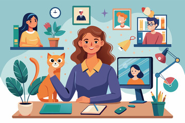 Poster - a woman sitting at a desk with a computer and a cat, A woman is seated at a desk with a computer, accompanied by a cat.