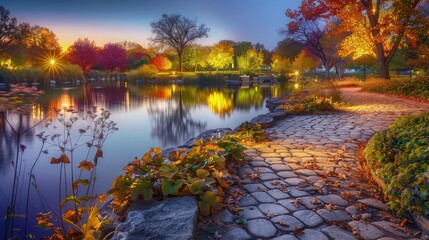 Poster - A vibrant park during golden hour, with the lake casting reflections of the surrounding colorful foliage and the stone path lit by soft, warm light enhancing the tranquil atmosphere.