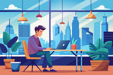 Poster - a man sitting at a desk with a laptop, A man seated at a desk, using a laptop computer.