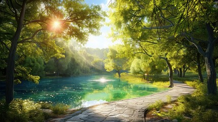 Wall Mural - A vibrant summer landscape in a park with a sparkling lake centered among lush green trees, sunlight filtering through the leaves, and a winding stone path leading towards the water.