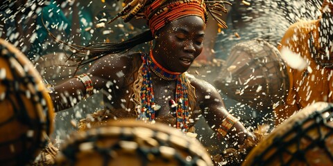 Drumbeat Delight: African Dancer Amidst Musicians, generative ai