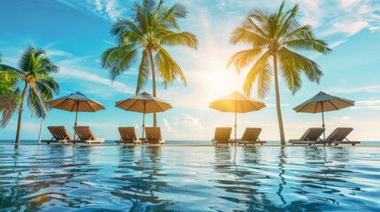 Luxury beach resort hotel swimming pool, leisure beach chairs under palm trees, blue sunny sky