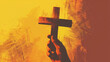 © Teppi - Religious symbolism, hand holding a cross, yellow and orange colors, believe in god