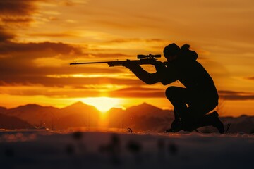 A person holding a rifle while kneeling down. Suitable for military or hunting themes