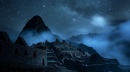 Wall Mural - At night in Machu Picchu Peru lights and starry sk_004