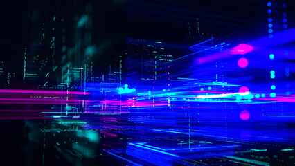 Wall Mural - Abstract digital, technology tunnel. Abstract futuristic sci-fi tunnel with grid of particles and lines. Connection and connections concept. Big data. 3D rendering.