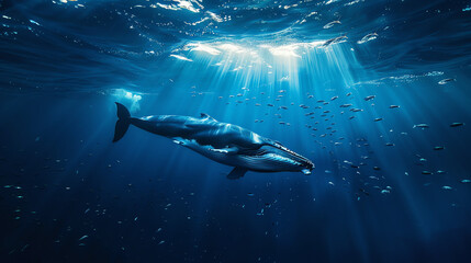 Wall Mural - A blue whale is swimming underwater with a pod of fish nearby.