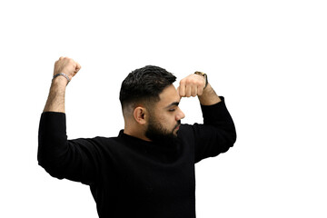 Wall Mural - Man, close-up, on a white background, shows strength