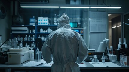 Wall Mural - Scientist in sterile attire meticulously records lab data 