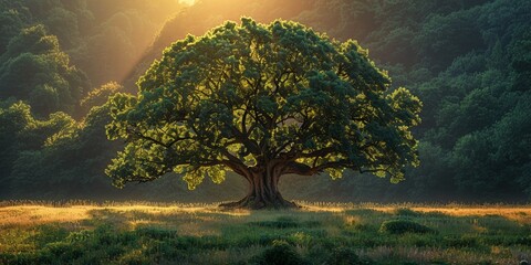 Wall Mural - A solitary oak, standing tall in a lush valley under the summer sunlight.