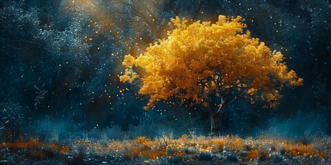 Wall Mural - An artistic autumn scenery with a golden tree and sparkling leaves, blending vibrant colors.