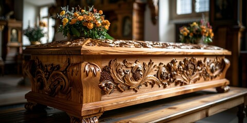 Wall Mural - In a somber church, a small wooden coffin adorned with elegant carvings and flowers, signifying grief and loss.