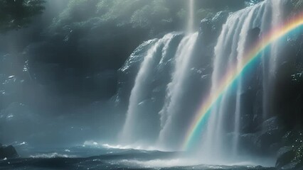 Wall Mural - a serene mystical scene a glowing rainbow portrayed against a cascading waterfall in the mist.
