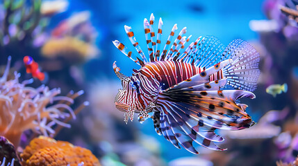 Wall Mural - a red and white striped lionfish with blue and white striped fins.