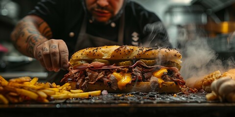 Wall Mural - Busy Chef Creating Delicious Cuban Sandwich, generative ai