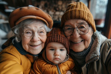 Wall Mural - Adorable Winter Photo of Grandparents with Their Grandchild, All Wearing Warm Clothing and Smiling