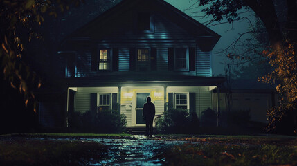 Dark Scary Silhouette of a Man Standing in Front of a Suburban Home