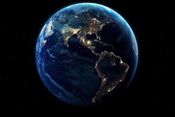 planet earth viewed from space in the center of the image it emphasizes the bright light of the city